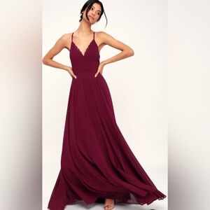 Lulu’s Remember Tonight Burgundy Lace-Up Maxi Dress